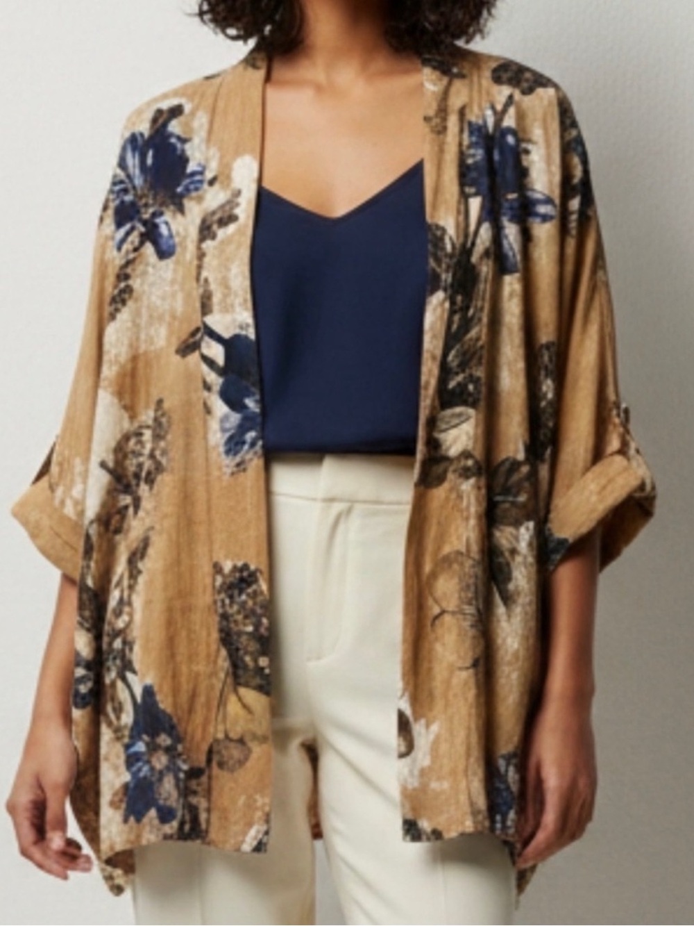 Made in Italy Linen Floral Open-Front Kimono Cardigan in Tan and Navy